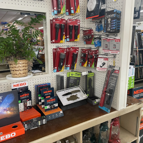 Tools and supplies on display inside of Murfreesboro Hardware.