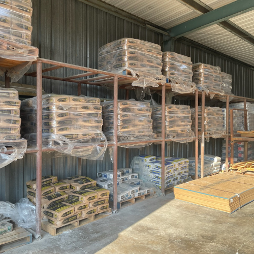 Concrete mix and supplies on display inside of Murfreesboro Hardware.