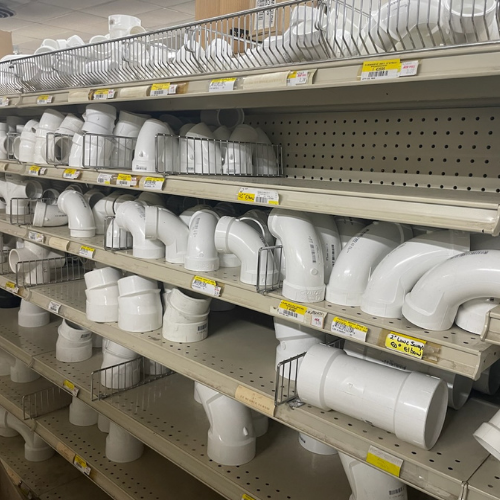 PVC pipes and supplies on display inside of Murfreesboro Hardware.