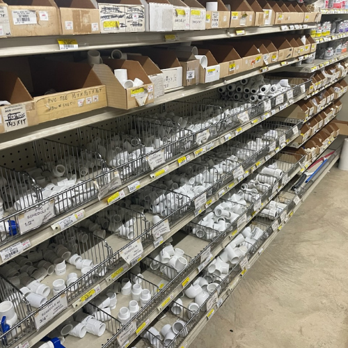 PVC pipes and supplies on display inside of Murfreesboro Hardware.