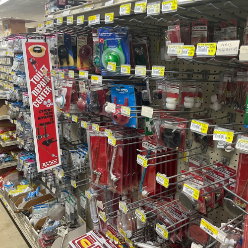 Tools and supplies on display inside of Murfreesboro Hardware.