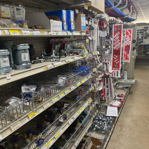 Tools and supplies on display inside of Murfreesboro Hardware.