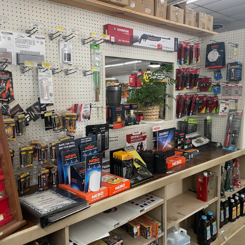 Tools and supplies on display inside of Murfreesboro Hardware.
