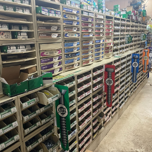 Tools and supplies on display inside of Murfreesboro Hardware.