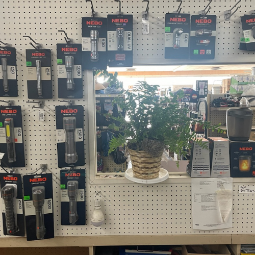 Tools and supplies on display inside of Murfreesboro Hardware.