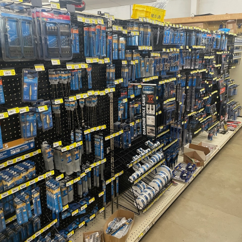 Tools and supplies on display inside of Murfreesboro Hardware.