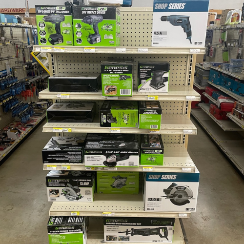 Power tools and supplies on display inside of Murfreesboro Hardware.