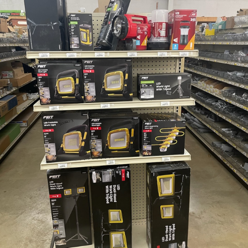 Lights and supplies on display inside of Murfreesboro Hardware.