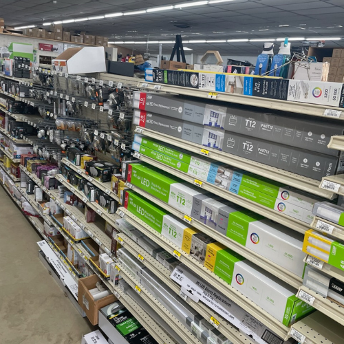 Tools and supplies on display inside of Murfreesboro Hardware.